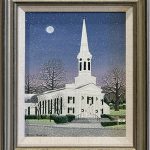 Painting of New Canaan' God's Acre: The First Congregational Church by Virginia Taylor titled "First Snow"
