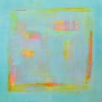 Square Green Abstract Painting with Orange Hightlights by Katherine Evans