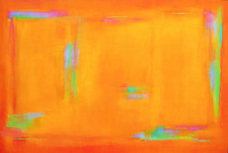 Bright Orange Rectangular Acrylic Painting with Green Hightlights Painted by Katherine Evans