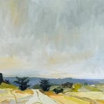 Soft landscape painting of a road receding into fields under a cloudy sky; distant hills and scattered trees.